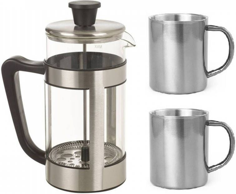 alpina Rvs Koffiezetter/koffiezetapparaat/percolator/cafetiere Inclusief 2x Rvs Koffiemoken 1 Liter