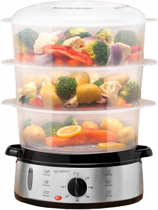 alpina Stoomkoker 230v/800w 3 laags Food Steamer Bpa vrij Vaatwasser Bestendig Timer 9 Liter Inhoud
