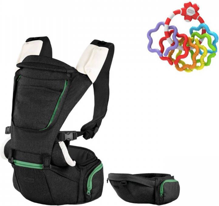 Chicco Bundel Draagzak Hip Seat Black & Rammelaar Regenboog Speelringen