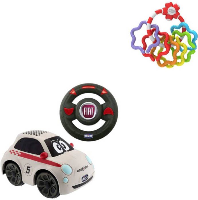 Chicco Bundel Fiat 500 Bestuurbare Speelgoedauto & Rammelaar Regenboog Speelringen