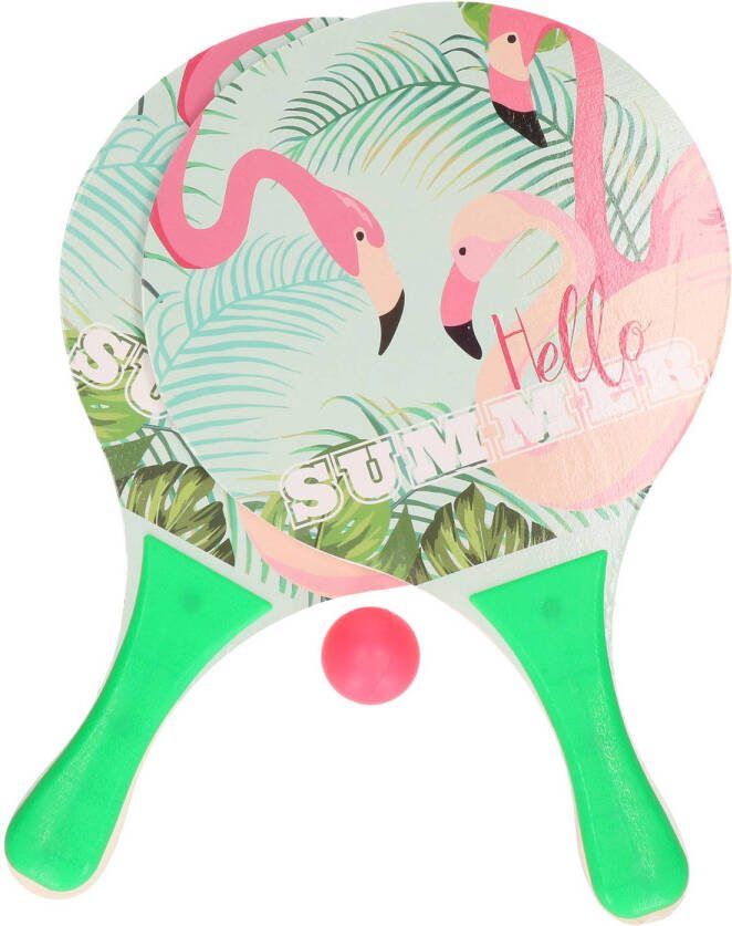Merkloos Groene Beachball Set Met Flamingoprint Buitenspeelgoed Houten Beachballset Rackets/batjes En Bal Tennis Ballenspel