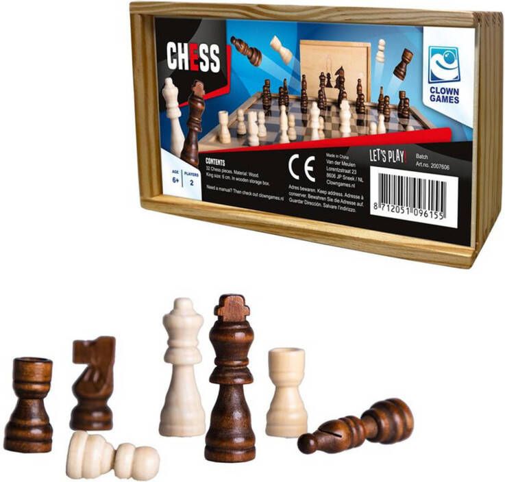 Clown Games Set Van 32x Stuks Houten Schaakstukken In Opbergkistje Denkspellen