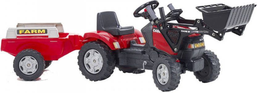 Falk Speelgoedtractor met pedalen Case met voorlader en aanhanger rood