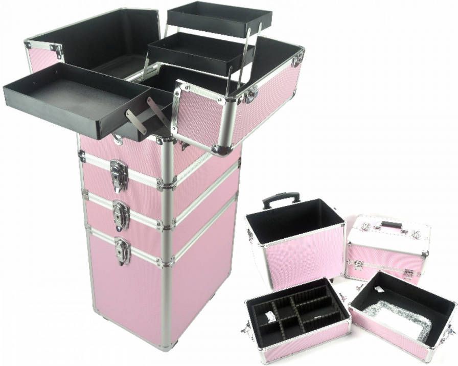 VDD Visagie Make Up Koffer Cosmetica Kappers Trolley Beauty Case 4 In 1 Roze