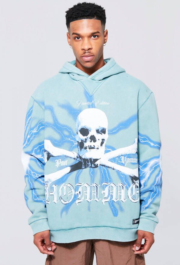 boohoo Oversized Bliksem Schedel Hoodie Met Print, Teal