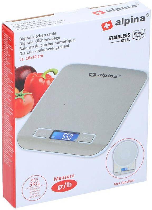 alpina Digitale Keukenweegschaal Tot 5 Kilo Met Tarra functie G kg lb oz Inclusief Batterijen Rvs