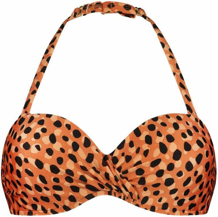 Beachlife voorgevormde strapless bandeau bikinitop met panterprint oranje/zwart